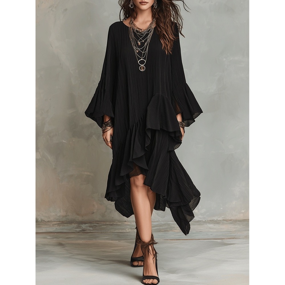 Gloeria Black Asymmetrical Ruffle Tiered Midi Dress Sz M Minimalist Bohemian